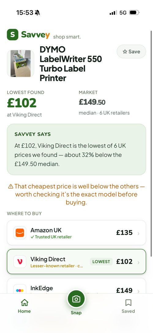 Savvey snap result — DYMO LabelWriter 550, lowest £102